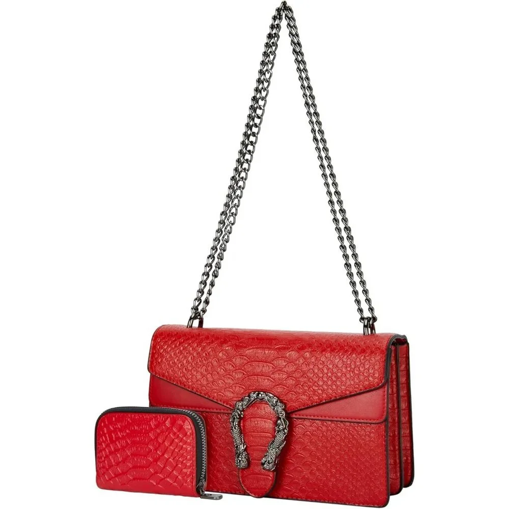 ⚡ Women's Leather Vintage Snake Print Crossbody Red Square Satchel Handbag